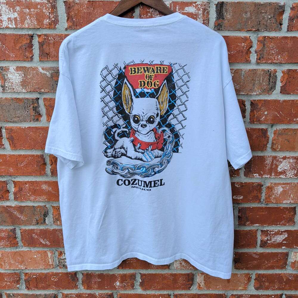 Vintage Cozumel Mexico Beware of Dog Tshirt Mens 2XL White Chihuahua Tee